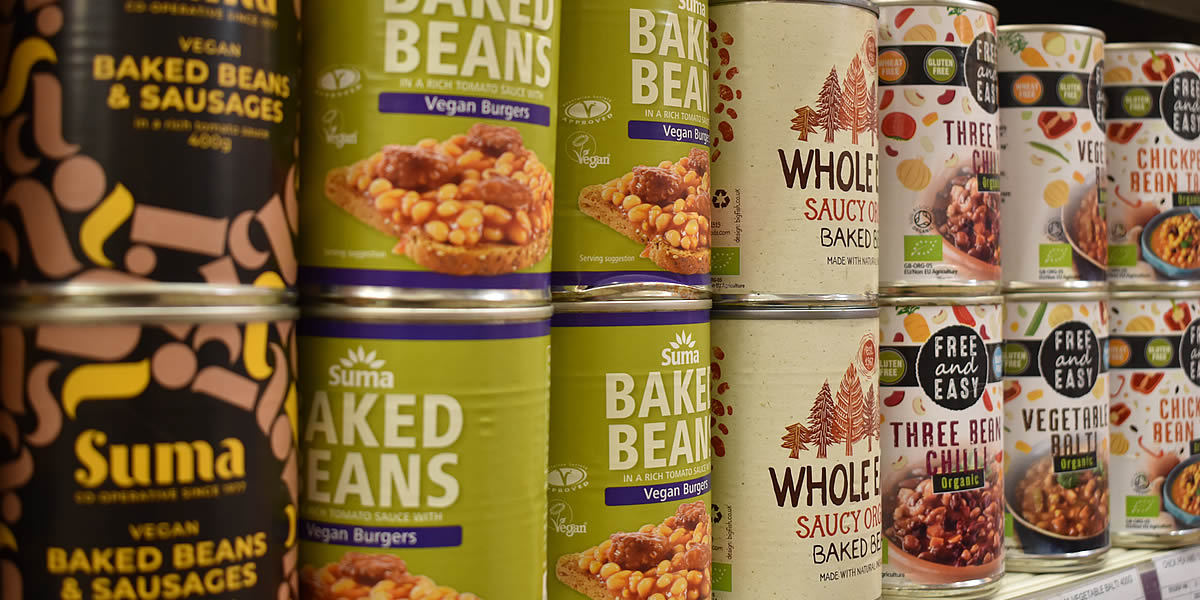 Range of tinned baked beans at Allendale Co-op
